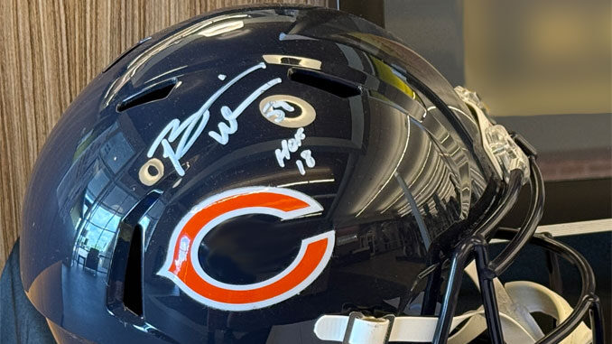 Chicago Bears helmet autographed by Brian Urlacher at an auction in Arlington Heights (CARDINAL NEWS)
