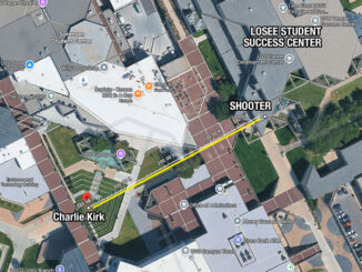 Not authority-confirmed: Vantage point speculated at the rooftop of the Losee Student Center over the shooting scene the morning after the shooting (CARDINAL NEWS/Imagery ©2025 Vexcel Imaging US, Inc., Imagery ©2025 Airbus, Maxar Technologies, Vexcel Imaging US, Inc., Map data ©2025 Google)
