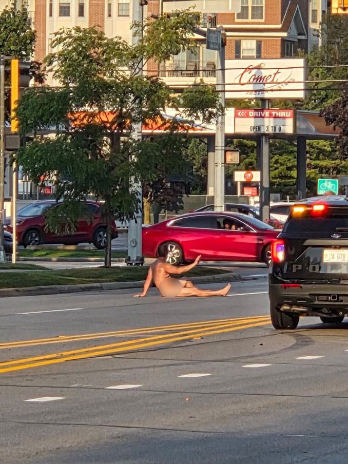 A male adult sitting in the eastbound lanes of Kirchoff Road near Meadows Drive in Rolling Meadows (Provided photo/CARDINAL NEWS)