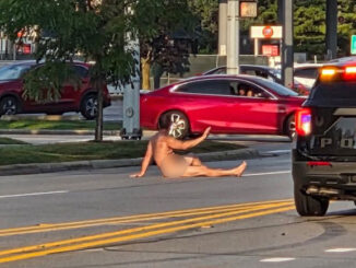 A male adult sitting in the eastbound lanes of Kirchoff Road near Meadows Drive in Rolling Meadows (Provided photo/CARDINAL NEWS)