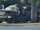 Dodge Ram pickup truck wrecked in a single-vehicle crash with a tree and a light police, involving extrication on Dundee Road between Hicks Road and Rand Road in Palatine on Saturday morning, September 20, 2025 (CARDINAL NEWS)