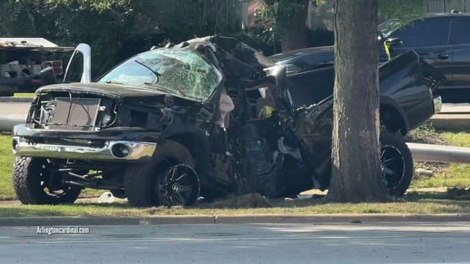 Dodge Ram pickup truck wrecked in a single-vehicle crash with a tree and a light police, involving extrication on Dundee Road between Hicks Road and Rand Road in Palatine on Saturday morning, September 20, 2025 (CARDINAL NEWS)