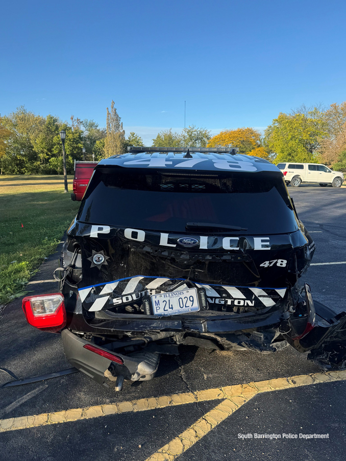 South Barrington Police Department Ford Interceptor damaged by a Tesla vehicle in autopilot mode (Village of South Barrington)