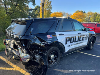 South Barrington Police Department Ford Interceptor damaged by a Tesla vehicle in autopilot mode (Village of South Barrington)