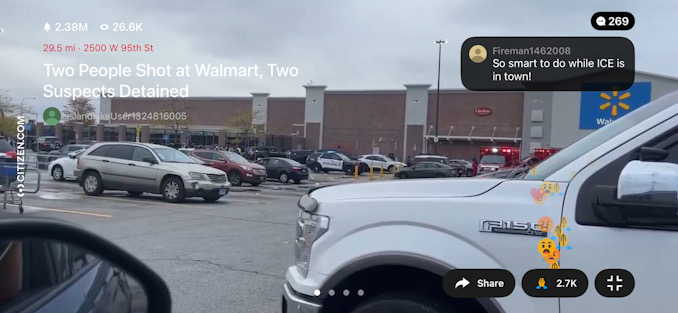 Police on scene outside the Walmart at 2500 West 95th Street in Evergreen Park for a report of a shooting on Wednesday afternoon, October 15, 2025 (Citizen)