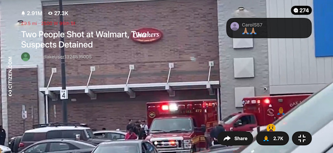 At least two ambulances outside the Walmart at 2500 West 95th Street in Evergreen Park to a report of a shooting on Wednesday afternoon, October 15, 2025 (Citizen)