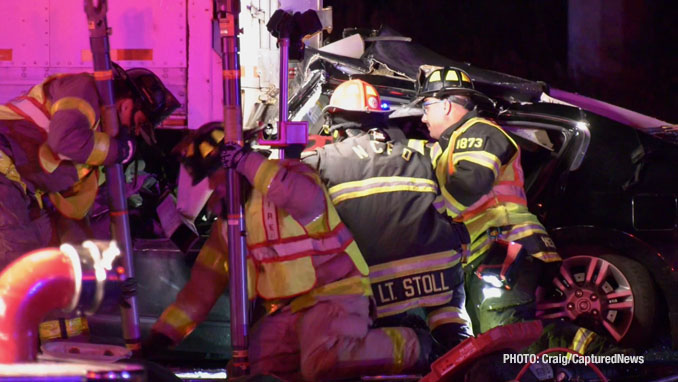 Firefighters in Lake County, Illinois working to extricate a driver at Route 41 and Route 137 (Buckley Road) in North Chicago, Friday night, October 17, 2025 (Craig/CapturedNews)