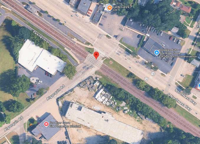 Intersection Northwest Highway and Algonquin Road in Fox River Grove (Imagery ©2025 Vexcel Imaging US, Inc., Imagery ©2025 AIrbus, Maxar Technologies, Vexcel Imaging US, Inc., Map data ©2025)