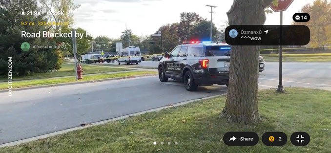 Wood Dale stabbing scene near Addison Road and Gilbert Drive with a large perimeter on the west side of Addison Road from Charmille Lane to Gilbert Drive in Wood Dale, Monday afternoon, October 27, 2025 (SOURCE: alexisChicago21/Citizen App)