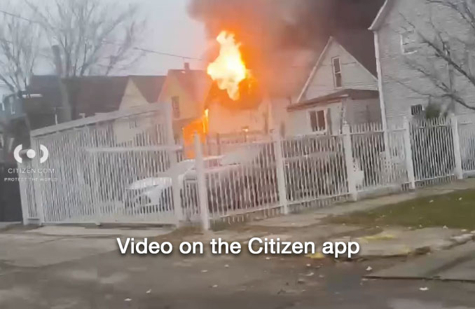 House fire on Damen Avenue near 57th Street in Chicago where a fire command officer was injured Tuesday afternoon, November 18, 2025 (Video on the Citizen app/CARDINAL NEWS)
