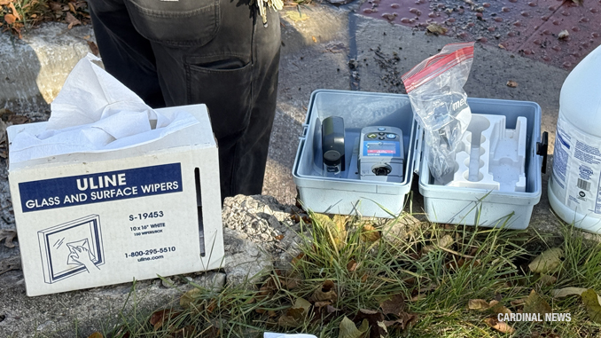 Water testing equipment and supplies at the southwest corner of Arlington Heights Road and Hawthorne Street with Arlington Heights Public Works crew Tuesday morning, November 4, 2025 (CARDINAL NEWS)