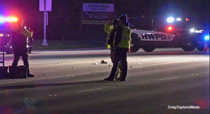 Police investigating a fatal crash scene at Milwaukee Avenue and Knightsbridge Parkway in Lincolnshire, Tuesday night, November 4, 2025