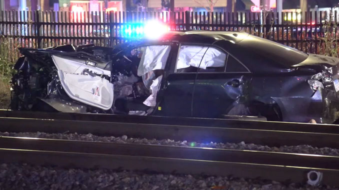 Metra train crash with a Toyota Camry at Arlington Heights Road and Northwest Highway, Arlington Heights on Friday night, November 22, 2025 (CARDINAL NEWS)
