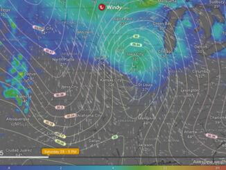 Weather outlook showing forecast Low Pressure position, isobars, temperatures and snow forecast at 5:00 p.m. Saturday, November 29, 2025 (SOURCE: Windy.com)