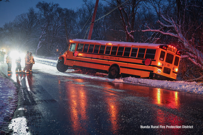 A school bus with two children aboard crashed into a pole in McHenry County Monday evening, December 1, 2025 (SOURCE: Nunda Rural Fire Protection District)