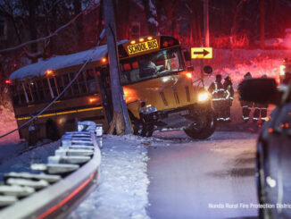 A school bus with two children aboard crashed into a pole in McHenry County Monday evening, December 1, 2025 (SOURCE: Nunda Rural Fire Protection District)