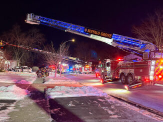 Two main aerials up from Arlington Heights and Buffalo Grove at a house fire on Hintz Road near Kennicott Avenue Wednesday nights January 28, 2026 (CARDINAL NEWS)