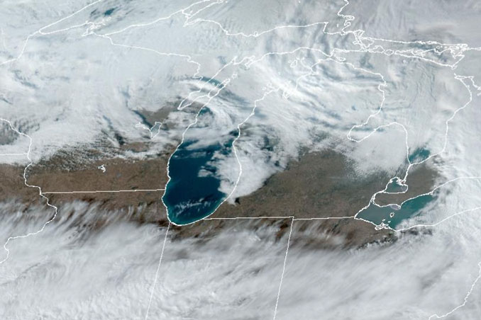 Cloud cover Tuesday January 13, 2026 at 2:21 p.m. CST (CIRA/NOAA when using GeoColor imagery.)