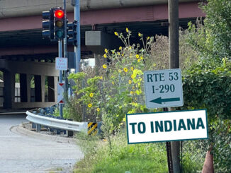 Route 53 overpass near the far northwest corner of the Arlington Park property with depicted "TO INDIANA" sign (CARDINAL NEWS)