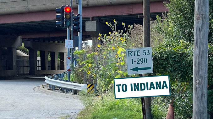 Route 53 overpass near the far northwest corner of the Arlington Park property with depicted "TO INDIANA" sign (CARDINAL NEWS)