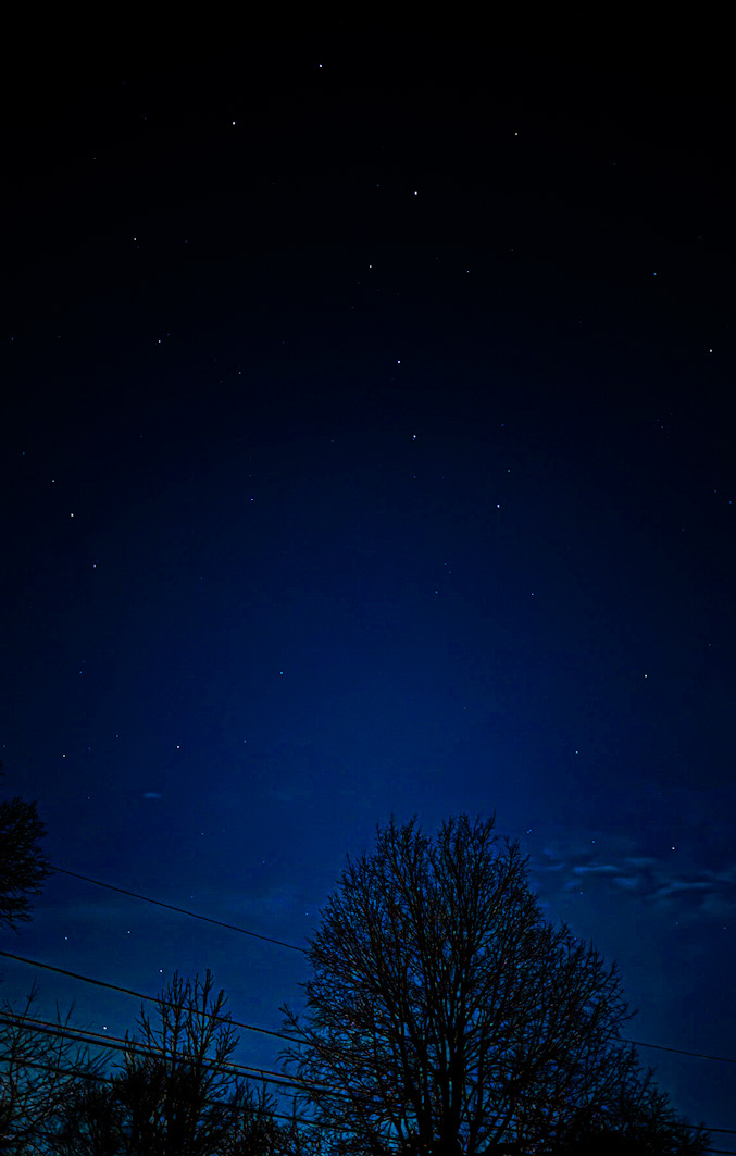 Big Dipper (Ursa Major) in the clear, northeast sky at 11:27 p.m. Sunday, February 15, 2026 with air temperature about 37°F the night before record warmth is forecast for Monday (CARDINAL NEWS)