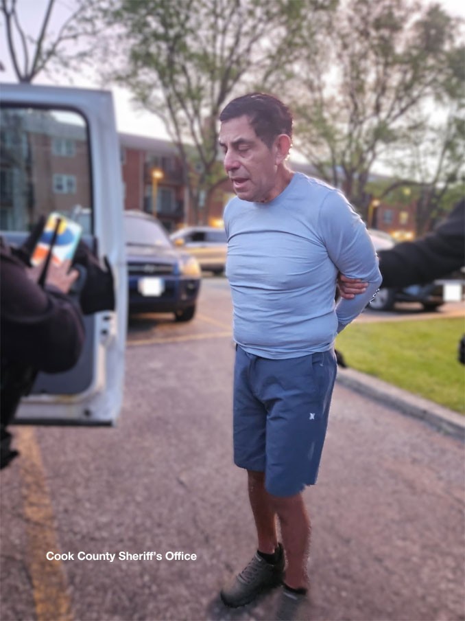 Juan Adame arrested after he was scene exiting his apartment in the block of 800 East Miner Street in Arlington Heights; however the apartment building in the background is not recognized as a building near 800 East Miner Street or 800 West Miner Street in Arlington Heights (SOURCE: Cook County Sheriff's Office)