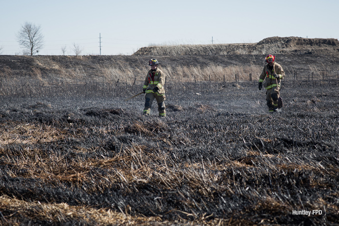 Huntley firefighter working after a "Controlled Burn" got away from wildland restoration personnel in Lake in the Hills, Monday afternoon, March 9, 2026 (SOURCE: Huntley Fire Protection District)