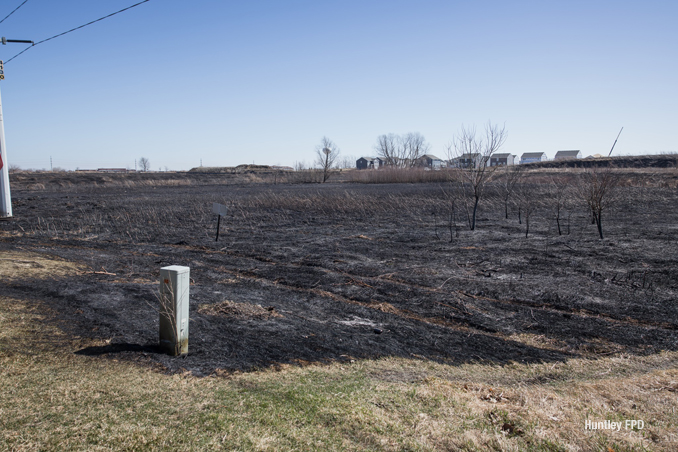 Scorch field after a "Controlled Burn" got away from wildland restoration personnel in Lake in the Hills, Monday afternoon, March 9, 2026 (SOURCE: Huntley Fire Protection District)