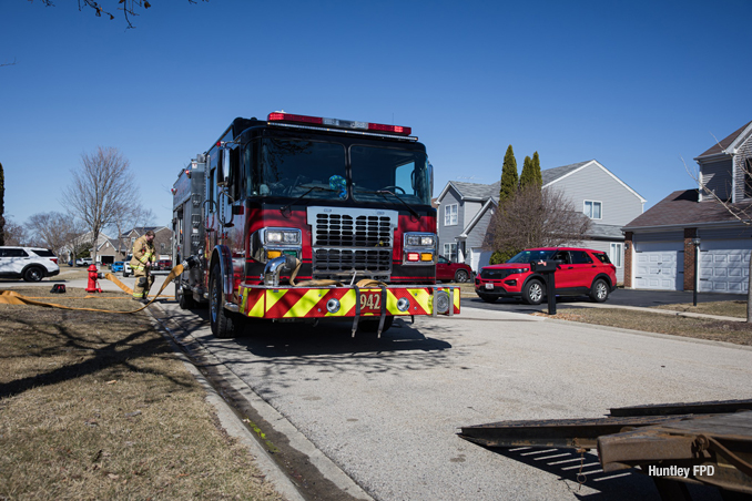 Huntley firefighter working after a "Controlled Burn" got away from wildland restoration personnel in Lake in the Hills, Monday afternoon, March 9, 2026 (SOURCE: Huntley Fire Protection District).