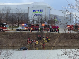Rescue scene after a Hoffman Estates police officer rescued an unresponsive female driver from a sinking vehicle in a retention pond at NOW Arena, Wednesday evening, March11, 2026 (CapturedNews)