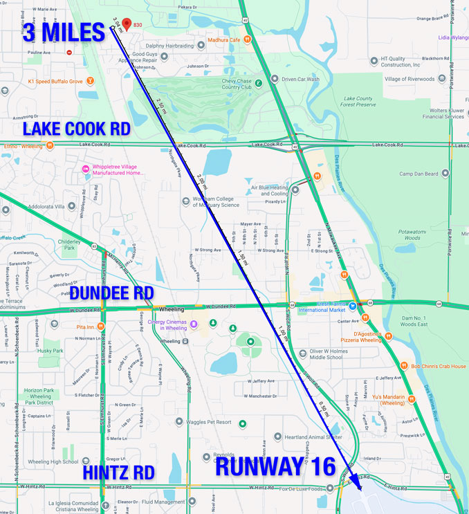 Crash scene distance to Runway 16 at Chicago Executive Airport (Map data ©2026 Google/CARDINAL NEWS)