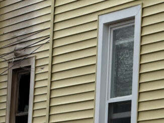 Exterior damage to the siding and the window frame near the kitchen fire that was at the rear the house on Pine Avenue near mine) Street in Arlington Heights on Wednesday, March 4, 2026 (CARDINAL NEWS)