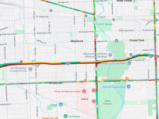 Eastbound I-290 traffic was backed up from Austin Boulevard to about Mannheim Road (US-45) at 3:35 p.m. (Maps data ©Google / Google Maps Traffic Layer)