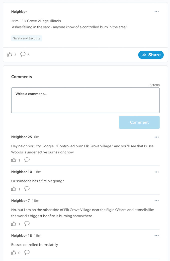 Neighbor App Comments Controlled Burn, Wednesday, March 25, 2026 (SOURCE: Neighbor App)