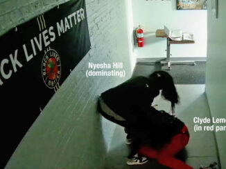 Nyesha Hill takedown of Clyde McLemore during physical altercation on October 24, 2025 captured on Black Lives Matter surveillance video (Lake County Resource Center Waukegan)