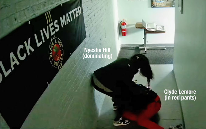 Nyesha Hill takedown of Clyde McLemore during physical altercation on October 24, 2025 captured on Black Lives Matter surveillance video (SOURCE: Surveillance video Lake County Resource Center Waukegan)