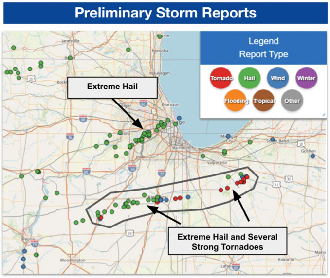 Preliminary Storm Reports Map, showing tornadoes, hail, and wind Tuesday, March 10, 2026 (National Weather Service)