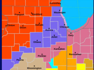 Watches, Warnings and Advisories at 8:30 PM Sunday, March 15, 2026: Blizzard Warning Red, Winter Weather Advisory Blue, Severe Thunderstorm Watch Dark Pink, Severe Thunderstorm Warning Orange, Tornado Watch Yellow, Gale Warning Pink (SOURCE: National Weather Service Chicago)
