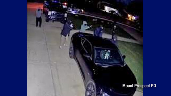 Car burglary suspects on Camp McDonald Road in Mount Prospect about 7:05 a.m. Tuesday, April 7, 2026 (SOURCE: Resident's security camera/Mount Prospect Police Department)