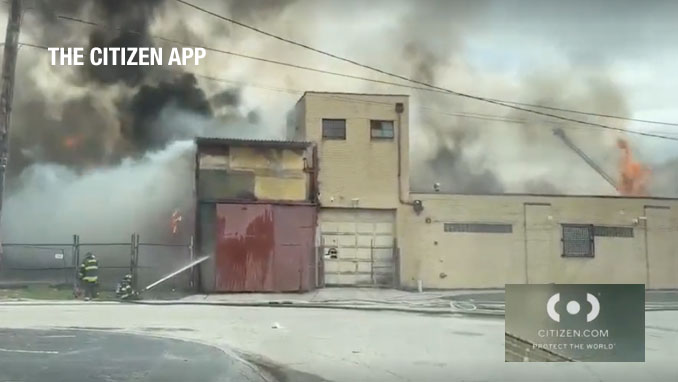 Extra Alarm Fire at a pallet company warehouse building behind Dunkin' 1317 South 1st Avenue in Maywood on Saturday afternoon, April 4, 2026 (The CITIZEN app)
