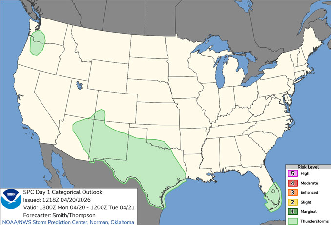 Day 1 Convective Outlook/Categorical for Monday, April 20, 2026 valid 8am to 7pm, retrieved Monday 8:19 a.m. CDT. Slight thunderstorm risk for eastern Arizona, New Mexico and Texas (SOURCE: NOAA/NWS Storm Prediction Center).