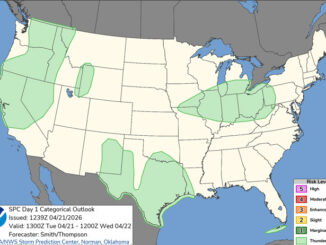 Day 1 Convective Outlook/Categorical on Tuesday, April 21, 2026 indicates a limited or minimal risk of thunderstorms in four areas of the United States, and minimal or no risk of tornadoes, high winds or hail(SOURCE: NOAA/NWS Storm Prediction Center)