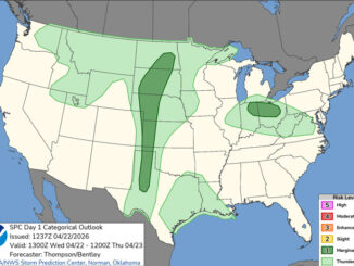 Day 1 Convective Outlook/Categorical for Wednesday, April 22, 2026 indicates a "Marginal" risk of thunderstorms from Texas to North Dakota, and in Indiana and Ohio with a risk of high winds and hail, but minimal or zero risk of tornadoes (SOURCE: NOAA/NWS Storm Prediction Center)