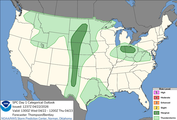 Day 1 Convective Outlook/Categorical for Wednesday, April 22, 2026 indicates a "Marginal" risk of thunderstorms from Texas to North Dakota, and in Indiana and Ohio with a risk of high winds and hail, but minimal or zero risk of tornadoes (SOURCE: NOAA/NWS Storm Prediction Center)