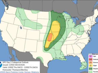 Day 1 Convective Outlook/Categorical for Thursday, April 23, 2026 indicating "Marginal" thunderstorm risk in western Chicagoland and northern and central Illinois. Tornado risk in multiple states west of Illinois (SOURCE: NOAA/NWS Storm Prediction Center)