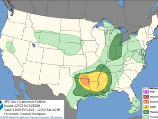 Day 1 Convective Outlook/Categorical for Friday, April 24, 2026 indicates slight chance of low risk thunderstorms departing east from Chicagoland; tornado risk south central United States (SOURCE: NOAA/NWS Storm Prediction Center)