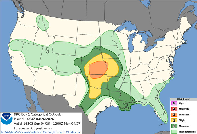Day 1 Convective Outlook/Categorical for Sunday, April 26, 2026 indicates no severe weather forecast for Chicagoland (SOURCE: NOAA/NWS Storm Prediction Center)