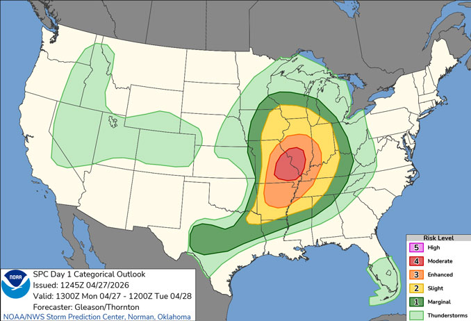 Day 1 Convective Outlook/Categorical for Monday, April 27, 2026 (SOURCE: NOAA/NWS Storm Prediction Center)