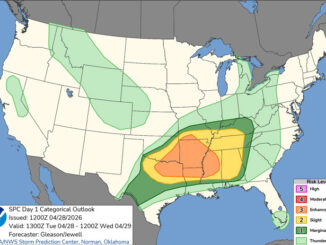 Day 1 Convective Outlook/Categorical for Tuesday, April 28, 2026 indicates no severe weather in northern Illinois while severe weather targets Arkansas and surrounding states (SOURCE: NOAA/NWS Storm Prediction Center)