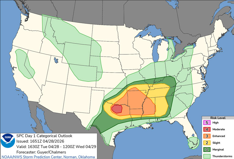 Day 1 Convective Outlook/Categorical for Tuesday evening, April 28, 2026 indicates no severe weather in northern Illinois while severe weather targets Arkansas and surrounding states (SOURCE: NOAA/NWS Storm Prediction Center)